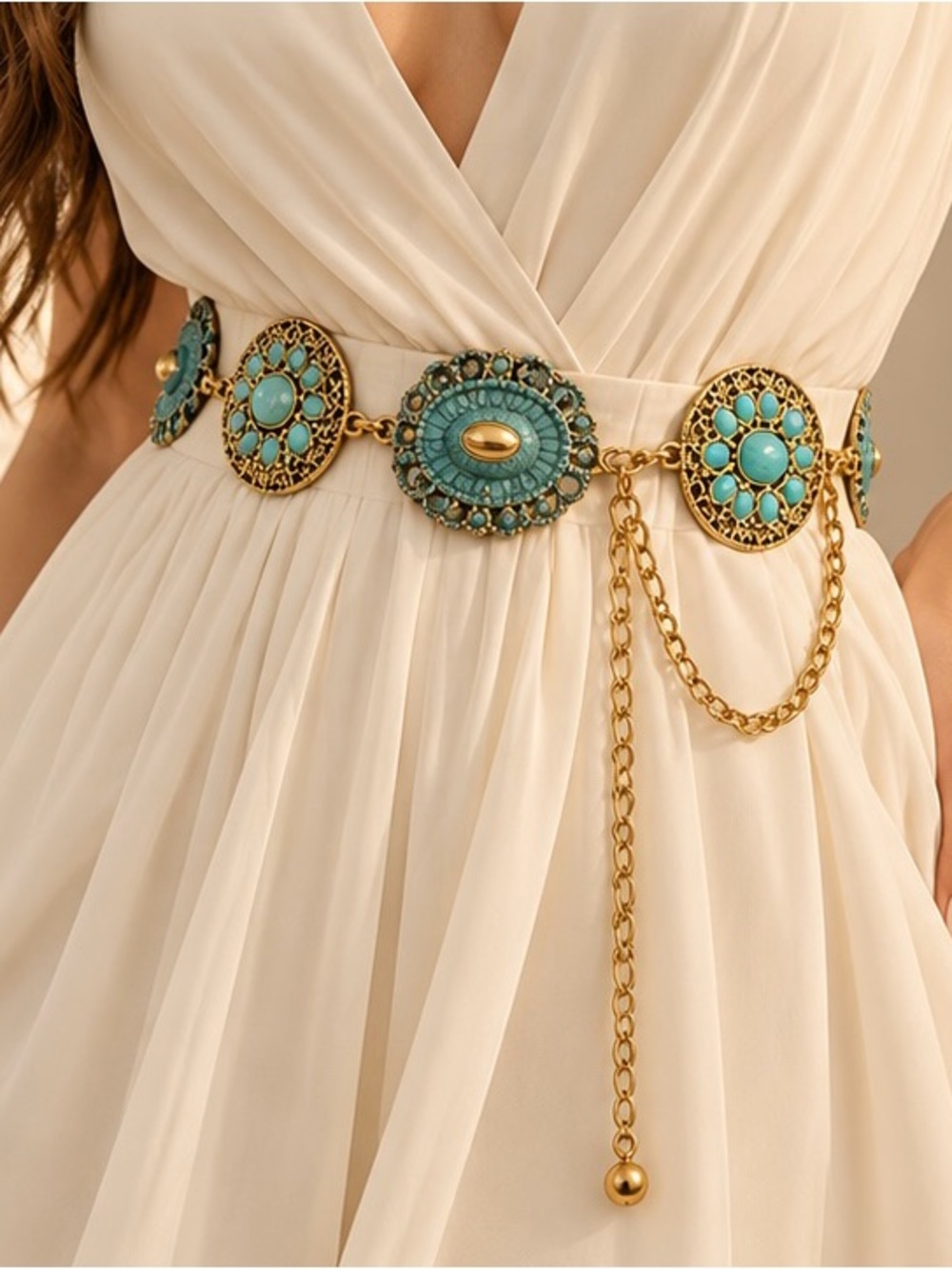 Turquoise Gold Tone Statement Chain Belt Boho Medallion Waist Jewelry